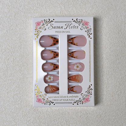 Fall Press on Nails Medium Almond, French Tip & Leopard Print