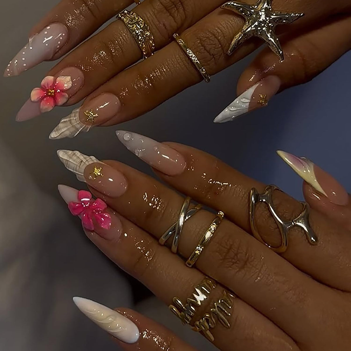 Spring Press On Nails French Fake Nails Medium Almond False Nails With Flower Pearl Designs Acrylic Nail Press Ons Full Cover Glue On Nails Glossy Stick On Nails For Women Manicure 24Pcs