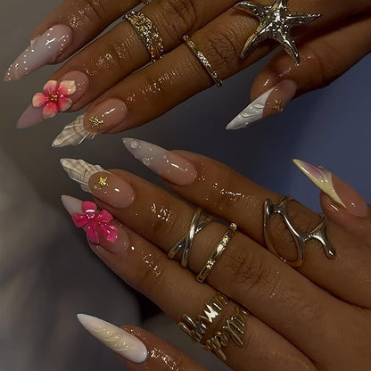 Spring Press On Nails French Fake Nails Medium Almond False Nails With Flower Pearl Designs Acrylic Nail Press Ons Full Cover Glue On Nails Glossy Stick On Nails For Women Manicure 24Pcs