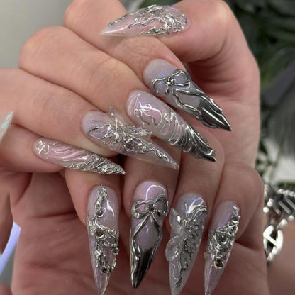Long Press on Nails Almond Fake Nails Purple French Artificial Nail with 3D Flowers Designs Glitter Summer and Fall Cute Stick on Nail for Women 24pcs