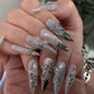 Long Press on Nails Almond Fake Nails Purple French Artificial Nail with 3D Flowers Designs Glitter Summer and Fall Cute Stick on Nail for Women 24pcs
