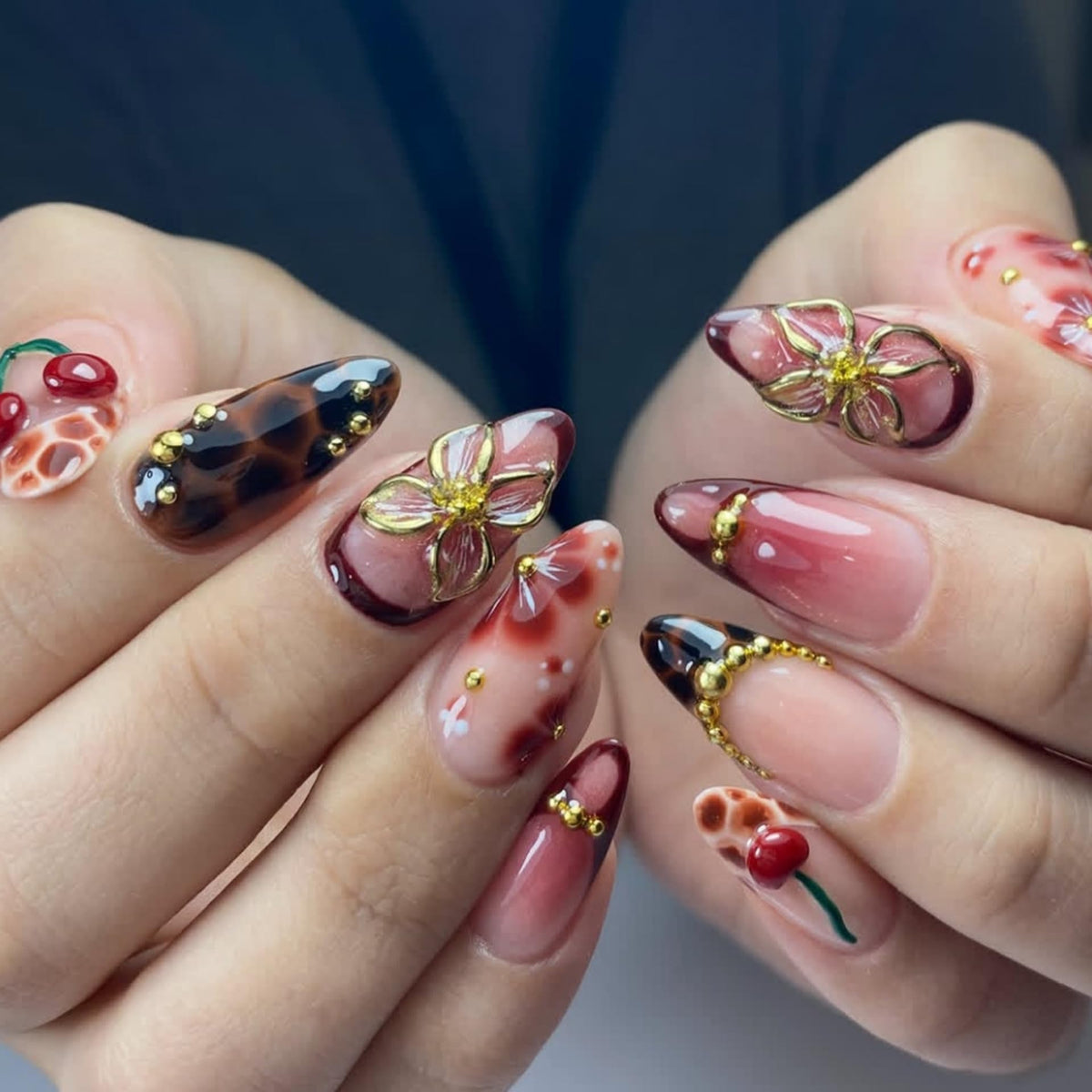 Long Press on Nails Almond Fake Nails Purple French Artificial Nail with 3D Flowers Designs Glitter Summer and Fall Cute Stick on Nail for Women 24pcs