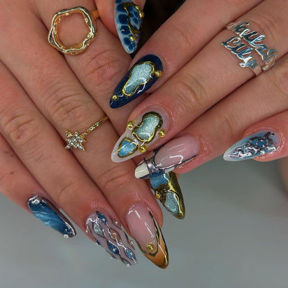 Almond Press On Nails Gold 3d Gold Glitter Ombre Design Date Night Nails For Women
