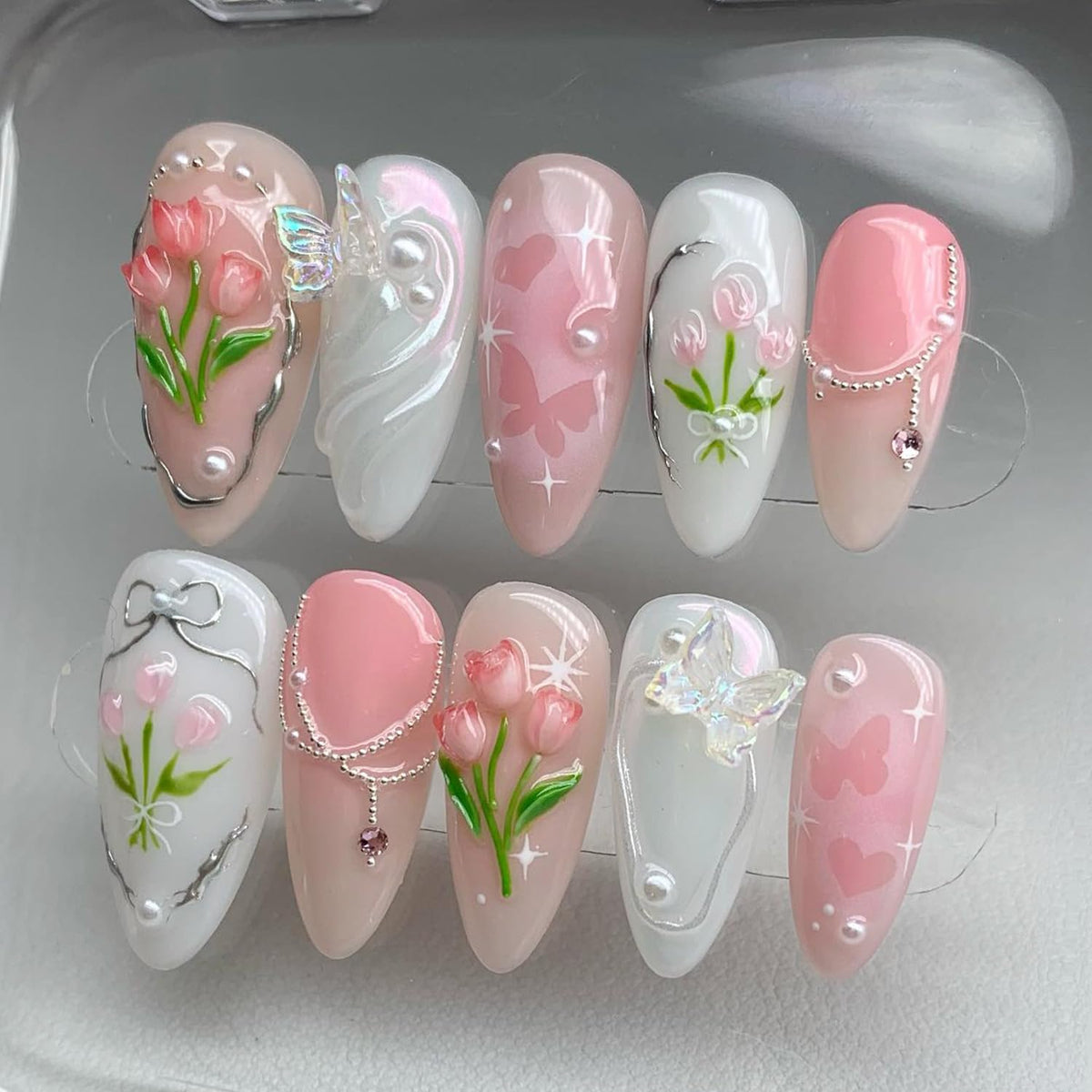30Pcs Pink Flower Press on Nails Medium Almond Fake Nails Peach Blossom with 3D Rhinestones Pearl Gold Glitter Design Artificial Cute Cat Nails Stick on Nails Spring False Nails for Women Acrylic Nail