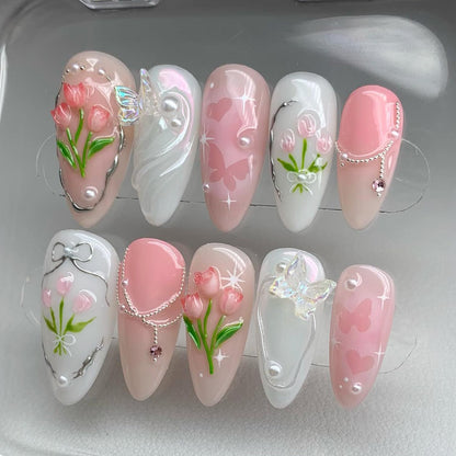 30Pcs Pink Flower Press on Nails Medium Almond Fake Nails Peach Blossom with 3D Rhinestones Pearl Gold Glitter Design Artificial Cute Cat Nails Stick on Nails Spring False Nails for Women Acrylic Nail