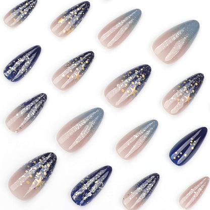 Spring Fake Acrylic Press On Nails – Starry Sky Designer False Nails Medium Almond, Salon Quality, Glossy Reusable Stick-On Nails for Weddings, Outdoor Picnics & Parties | Gift for Women