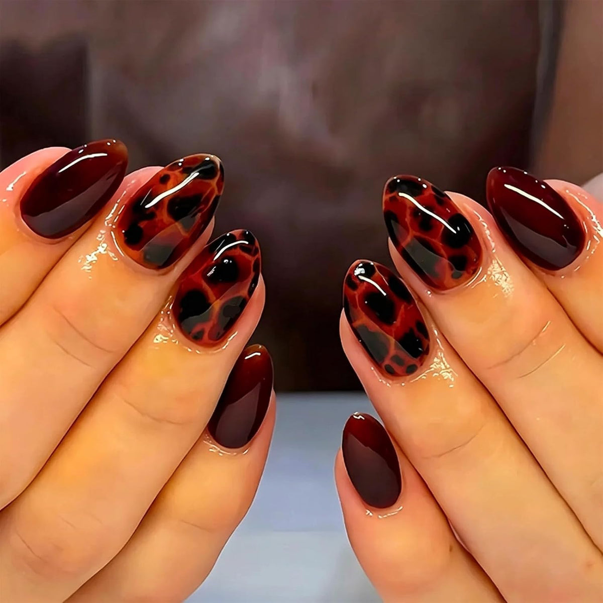 Dark Brown Tortoise Shell Press On Nails, Short Oval Fake Nails 24Pcs
