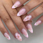 Spring Press On Nails French Fake Nails Medium Almond False Nails With Flower Pearl Designs Acrylic Nail Press Ons Full Cover Glue On Nails Glossy Stick On Nails For Women Manicure 24Pcs