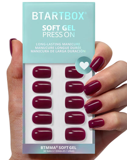 BTArtbox Press On Nails, Short Oval Dark Red Fake Nails, 32Pcs Full Kit