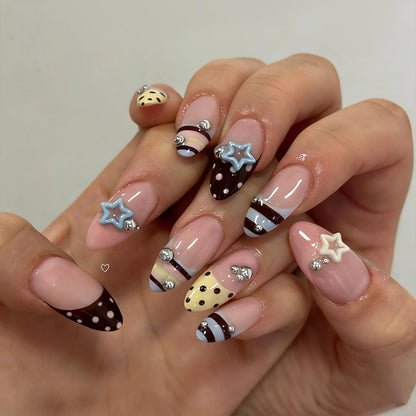 Long Press on Nails Almond Fake Nails Purple French Artificial Nail with 3D Flowers Designs Glitter Summer and Fall Cute Stick on Nail for Women 24pcs