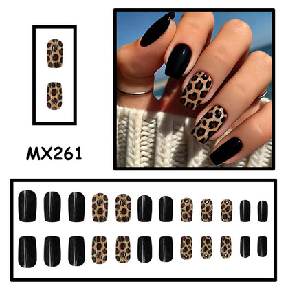 Leopard Press on Nails Medium Square Glossy Black Fake Nails