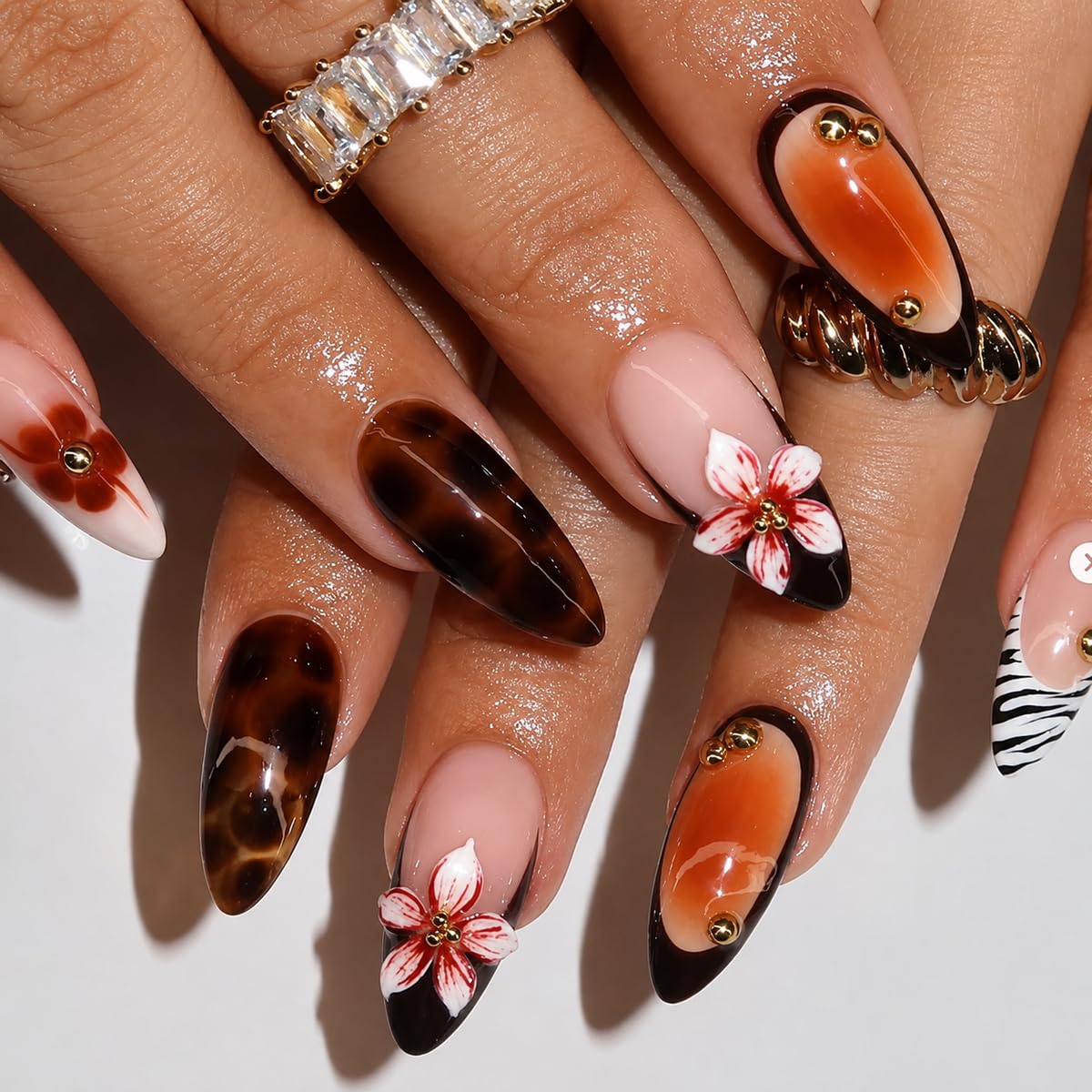 Fall Press on Nails Medium Almond, French Tip & Leopard Print