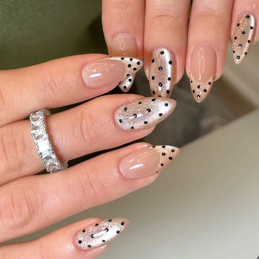 Nude Pink Press On Nails Almond Shape, Silver Glitter Black Dot Design