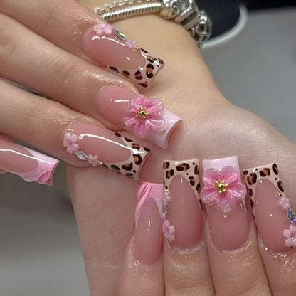 French Tip Press on Nails Medium Almond Fake Nails Brown Fall Nails Press Ons Brown Flower False Nails with Gold Rhinestones Design Glossy Glue on Nail Acrylic Stick on Nail for Women Set 24Pcs