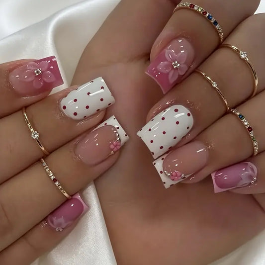 Reusable Square Press-on Nail Set - 24-Piece Tips with French Polka Dot Patterns, 3D Embossed Carvings, Gold Bead Decorations, 2 Jelly Glue Pieces & Nail File