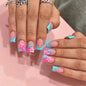 24pcs Short Square Press on Nails French Tip Fake Nails White Flower with Star Design Glitter False Nails Luxury Nail Charms Crafts White Stripes Glue on Nails for Women Manicure Tips