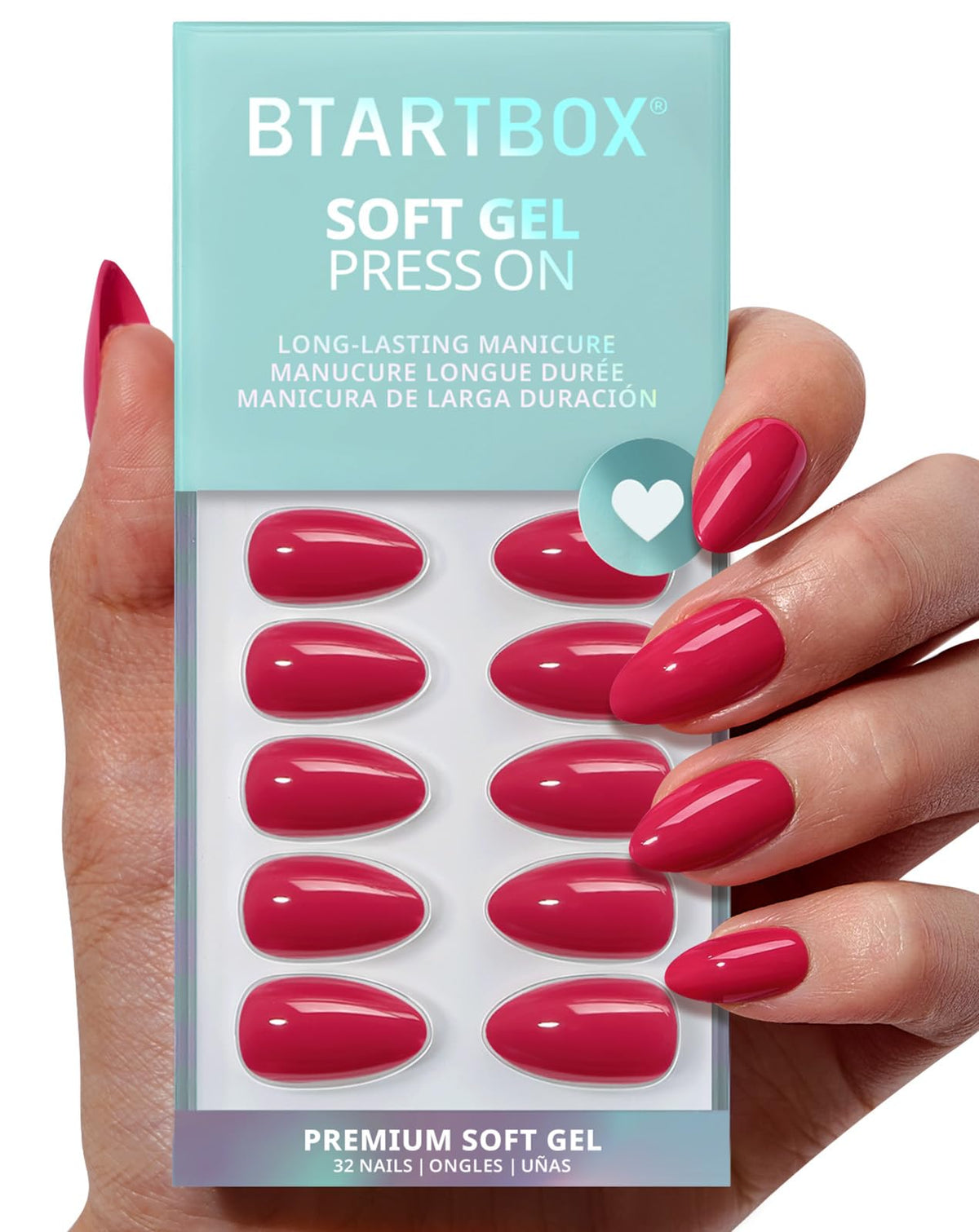 BTArtbox Press On Nails, Short Oval Dark Red Fake Nails, 32Pcs Full Kit