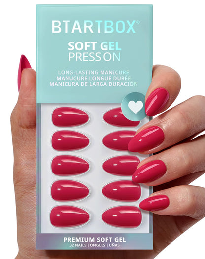BTArtbox Press On Nails, Short Oval Dark Red Fake Nails, 32Pcs Full Kit