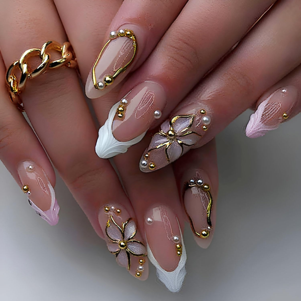 French Tip Press on Nails Medium Almond Fake Nails Brown Fall Nails Press Ons Brown Flower False Nails with Gold Rhinestones Design Glossy Glue on Nail Acrylic Stick on Nail for Women Set 24Pcs