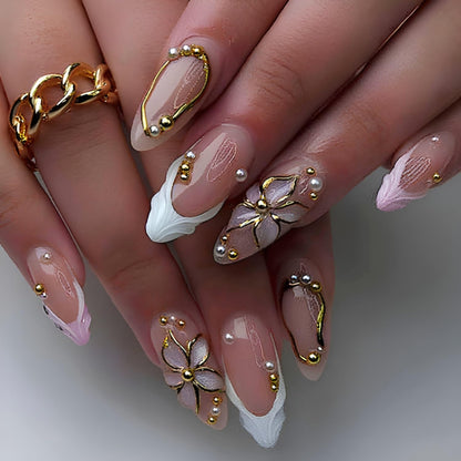 French Tip Press on Nails Medium Almond Fake Nails Brown Fall Nails Press Ons Brown Flower False Nails with Gold Rhinestones Design Glossy Glue on Nail Acrylic Stick on Nail for Women Set 24Pcs
