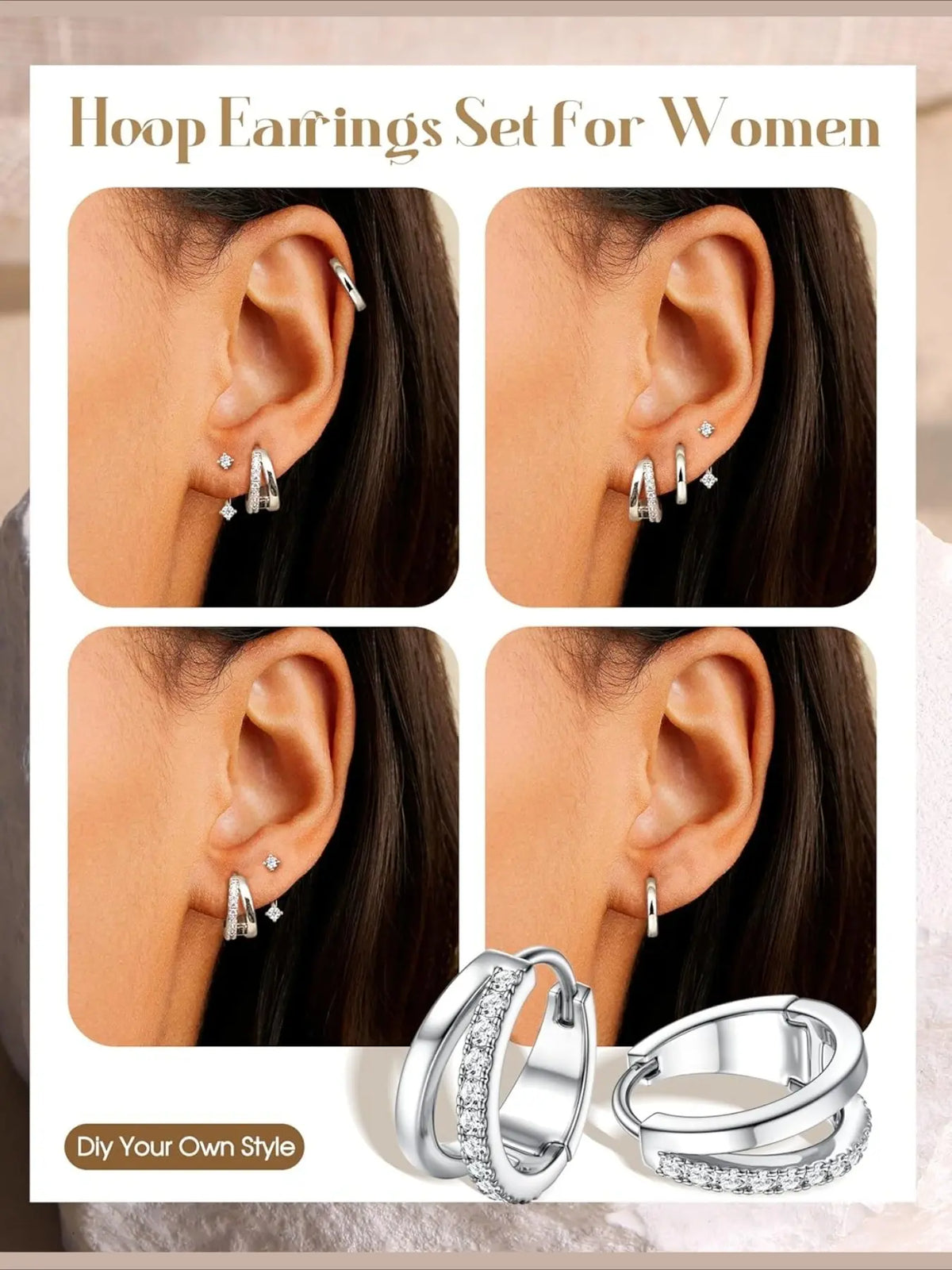 3 Pairs Stud Hoop Earrings for Women Hypoallergenic Earrings Stacks with Cubic Zirconia Huggie Earrings Sets for Multiple Piercings