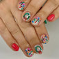 Purple Press On Nails Short Square Black Flowers Line Design Rhinestones