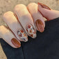French Tip Press on Nails Short Almond Nude Fake Nails Press on with Polka Dot Design Stripe False Nails Glossy Full Cover Summer Nails for Women 24Pcs