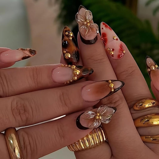 HOSAILY Medium Almond 3D Brown Gold Flower Press on Nails-‎ Tortoiseshell Leopard French Tip Blossom Gradient Design,24Pcs Handmade Fall/Autumn/New Year Glue on Acrylic Fake Nail Press ons for Women