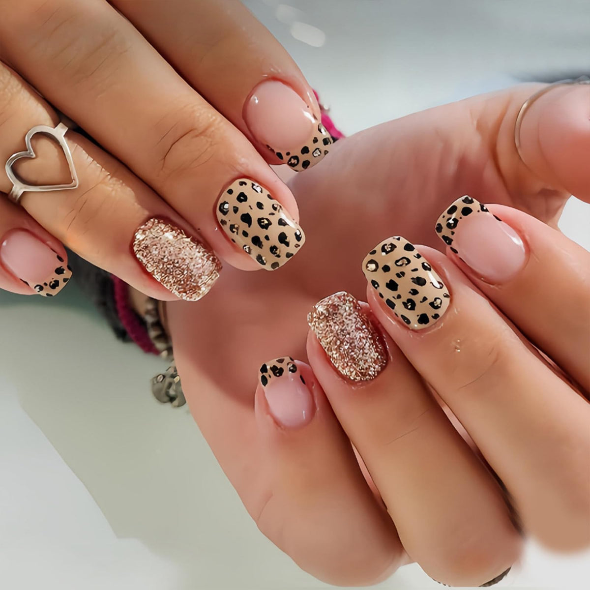 Purple Press On Nails Short Square Black Flowers Line Design Rhinestones