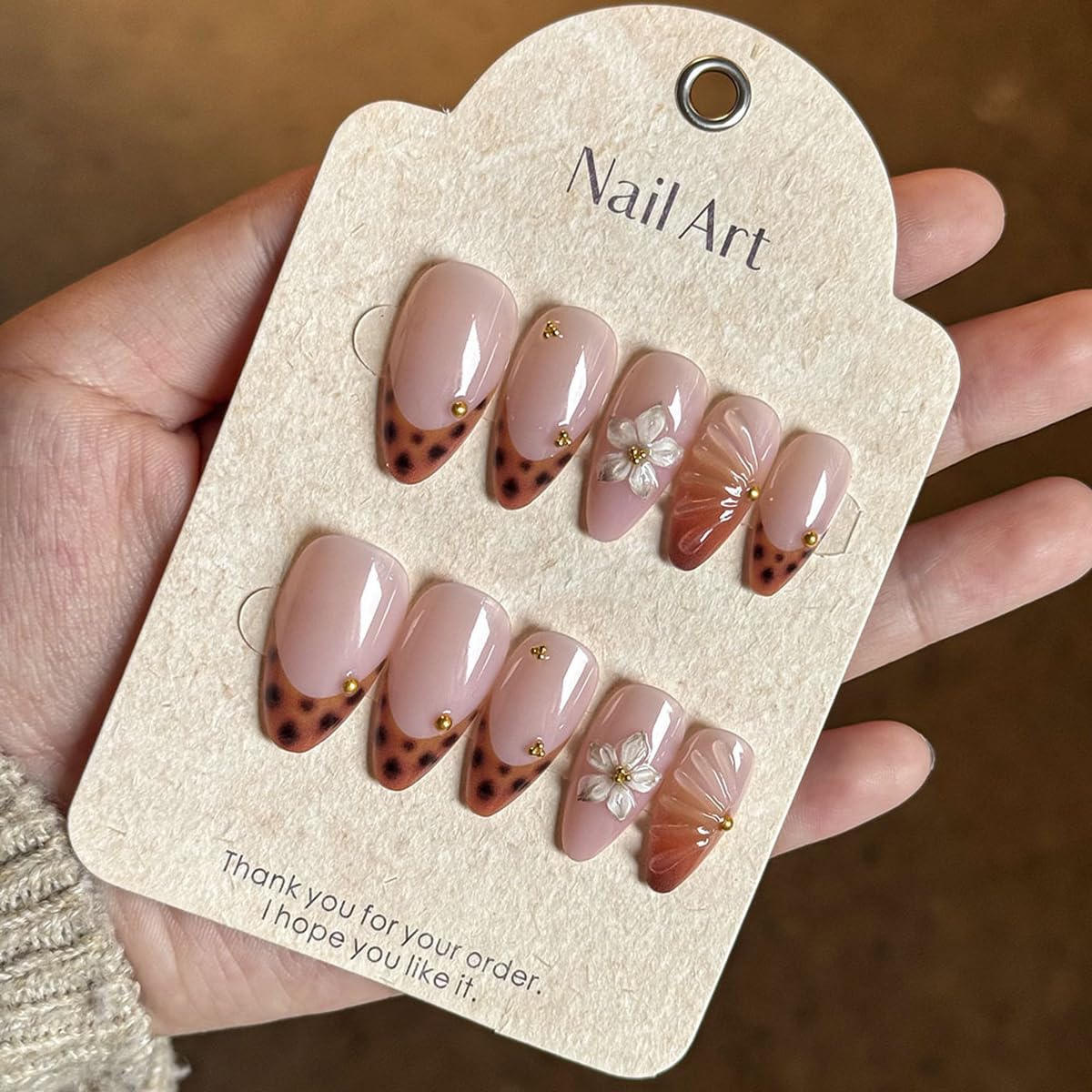 Fall Press on Nails Medium Almond, French Tip & Leopard Print