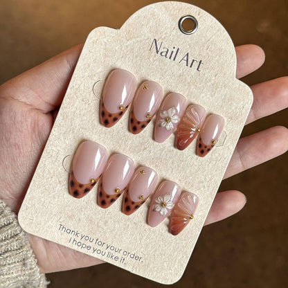 Fall Press on Nails Medium Almond, French Tip & Leopard Print