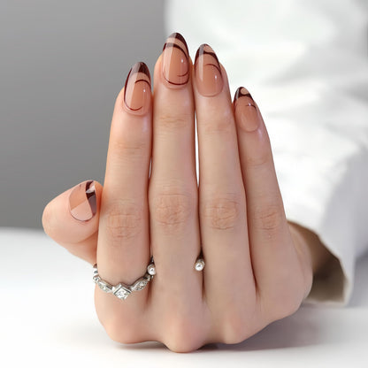 Fall Short Press On Nails Almond, Nude Fake Nails accented with golden glitter and Graceful White Floral Petal Design, Glossy Gel Finish Acrylic Nails, Natural Reusable Glue On Nails for Women