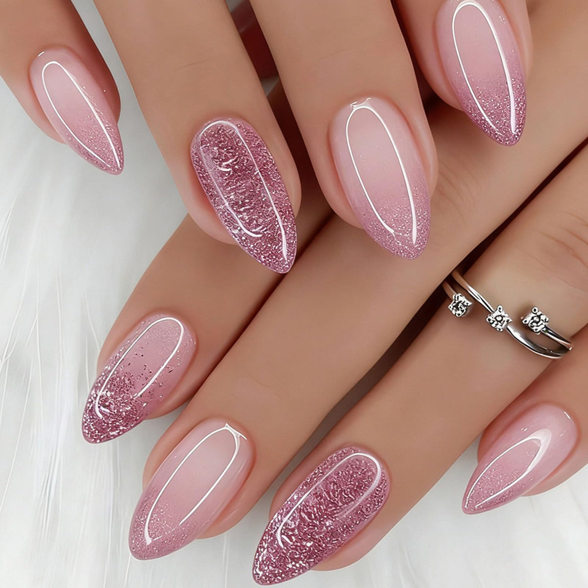 French Tip Press on Nails Almond Medium Fake Nails with Cat Eye Stars Designs Nails Press ons Gold Nude Glue on Nails Natural Artificial Nails Cute Stick on Nails for Women 24Pcs