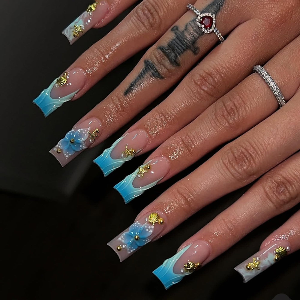 Fall Press on Nails Medium Almond French Tip, 30 Pcs Handmade 3D Flowers Gold Lines Embossed Designs, Glossy Nude Fake Nails, Reusable Glue On Nails, Full Cover Acrylic Nails for Women Brown