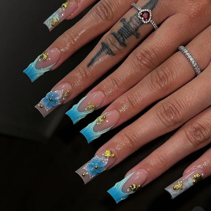 Fall Press on Nails Medium Almond French Tip, 30 Pcs Handmade 3D Flowers Gold Lines Embossed Designs, Glossy Nude Fake Nails, Reusable Glue On Nails, Full Cover Acrylic Nails for Women Brown