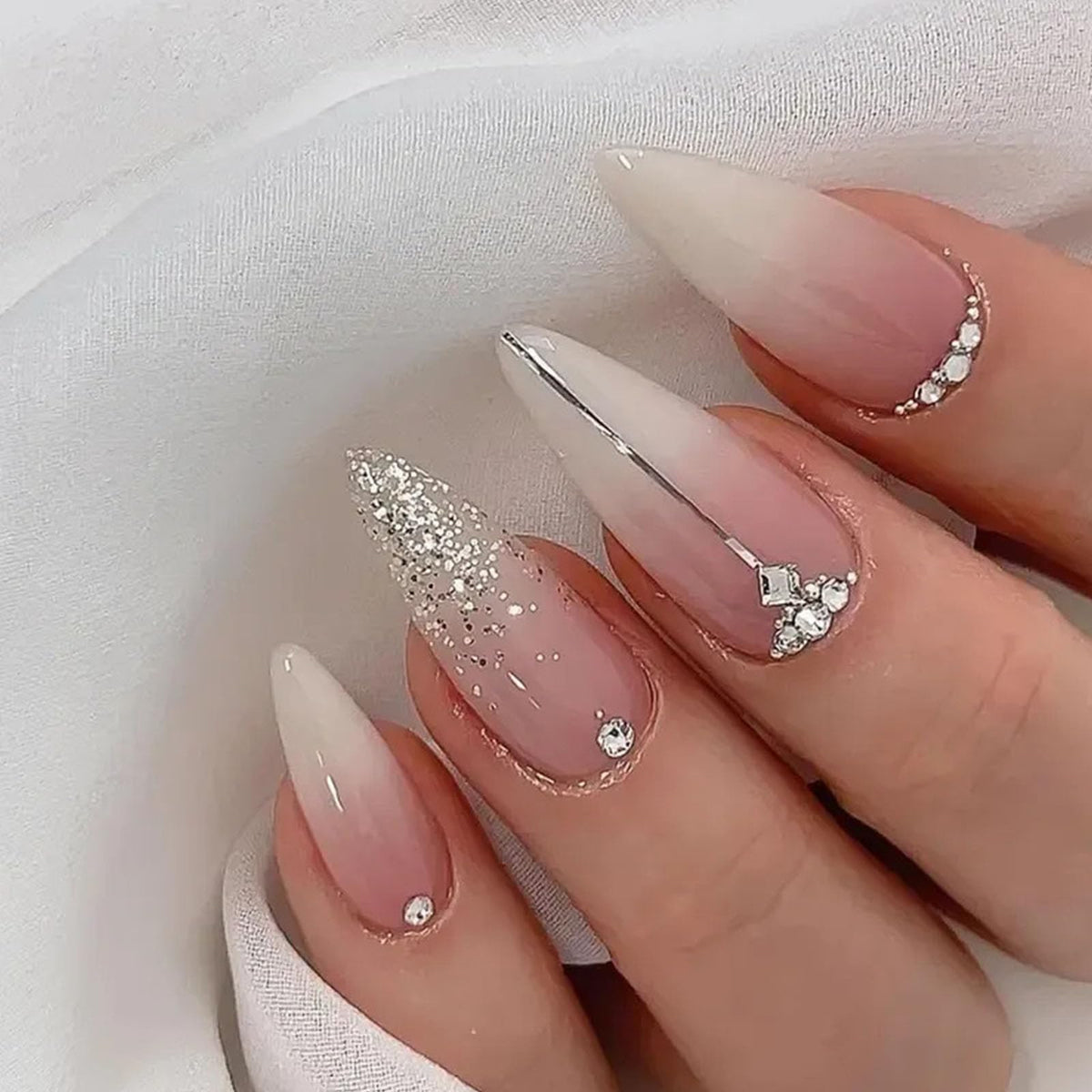 French Tip Press on Nails Almond Medium Fake Nails with Cat Eye Stars Designs Nails Press ons Gold Nude Glue on Nails Natural Artificial Nails Cute Stick on Nails for Women 24Pcs