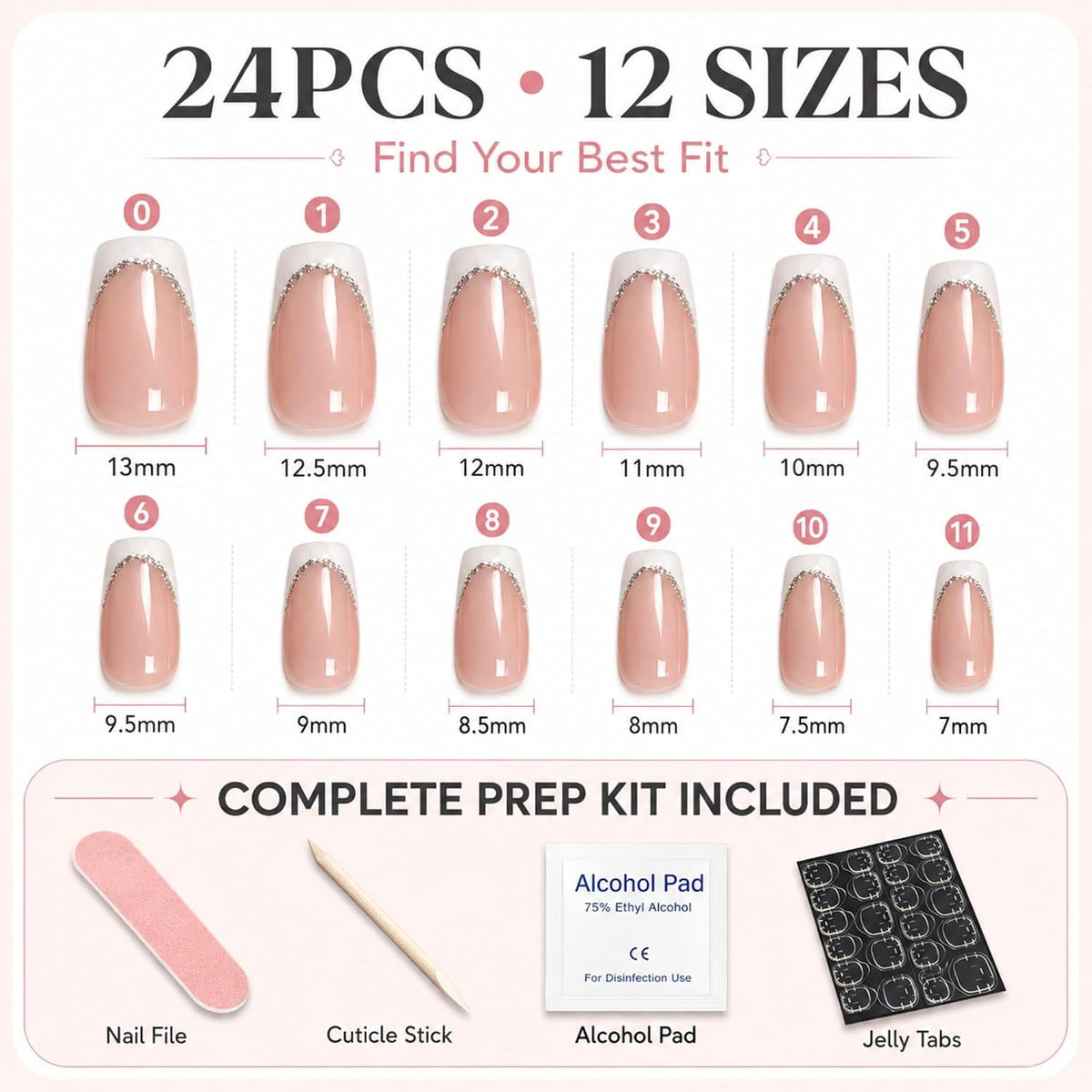 24PCS French Tip Press On Nails, Glossy Nude Square, Silver Edge