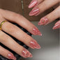 French Tip Press on Nails Almond Medium Fake Nails with Cat Eye Stars Designs Nails Press ons Gold Nude Glue on Nails Natural Artificial Nails Cute Stick on Nails for Women 24Pcs