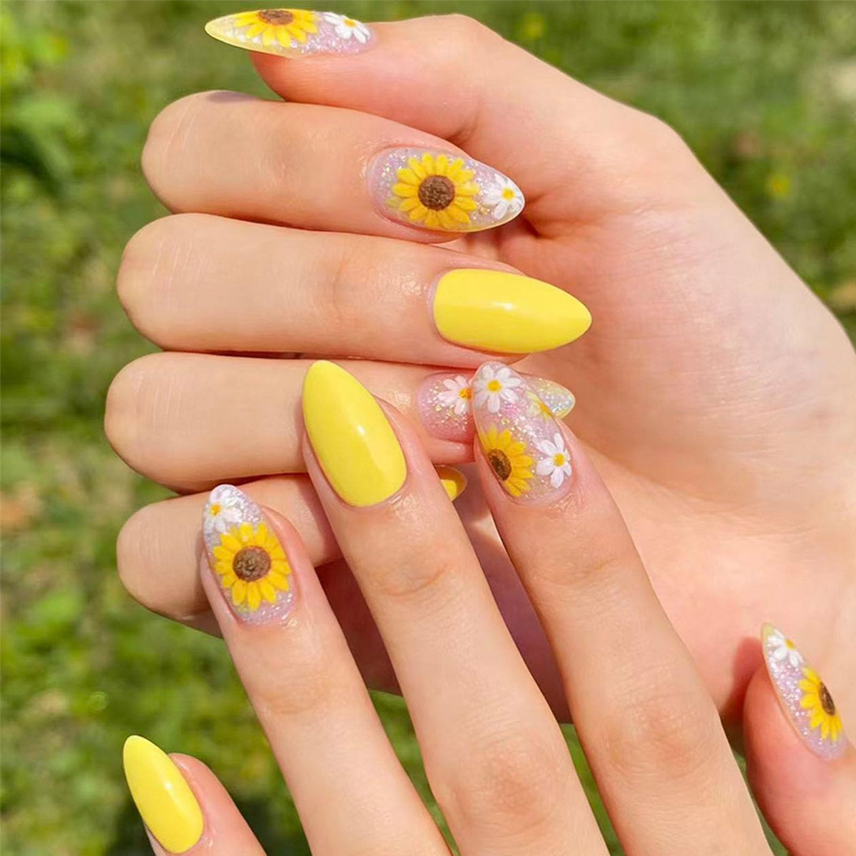 French Tip Press on Nails Almond Medium Fake Nails with Cat Eye Stars Designs Nails Press ons Gold Nude Glue on Nails Natural Artificial Nails Cute Stick on Nails for Women 24Pcs