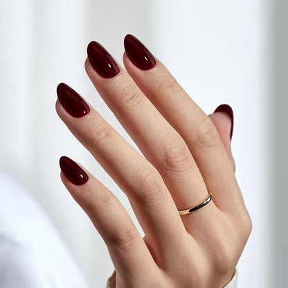 BTArtbox Press On Nails, Short Oval Dark Red Fake Nails, 32Pcs Full Kit