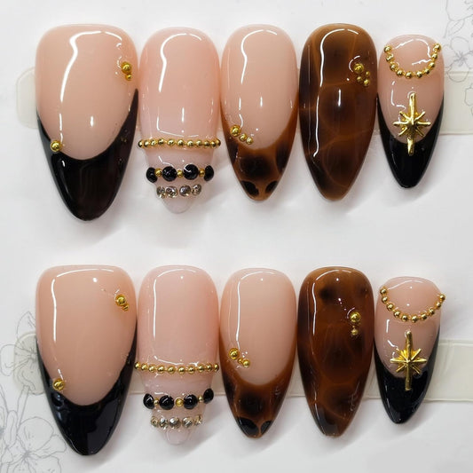 Leopard Handmade Press on Nails 10Pcs Almond Fake Nails(Size M)