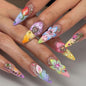 Long Press on Nails Almond Fake Nails Purple French Artificial Nail with 3D Flowers Designs Glitter Summer and Fall Cute Stick on Nail for Women 24pcs