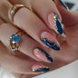 French Tip Press on Nails Almond Medium Fake Nails with Cat Eye Stars Designs Nails Press ons Gold Nude Glue on Nails Natural Artificial Nails Cute Stick on Nails for Women 24Pcs