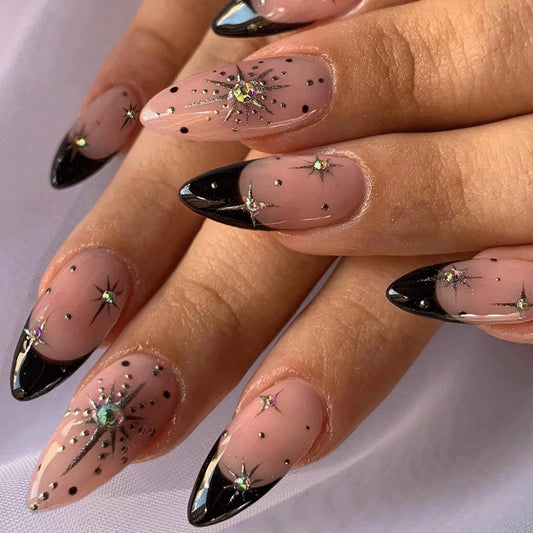 French Tip Press on Nails Medium Almond Nails Press Ons Star Fake Nails with Rhinestones Designs Acrylic Nail Full Cover Stick on Nail Nude Glue on Nail for Women 24Pcs