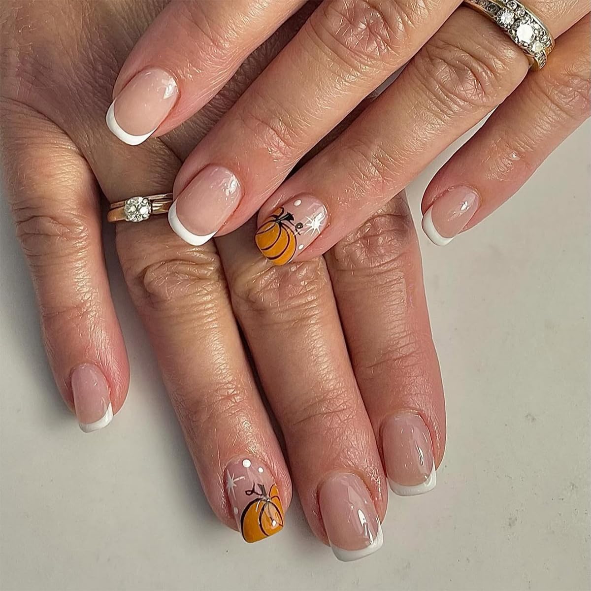 French Tip Press on Nails Short Almond Nude Fake Nails Press on with Polka Dot Design Stripe False Nails Glossy Full Cover Summer Nails for Women 24Pcs