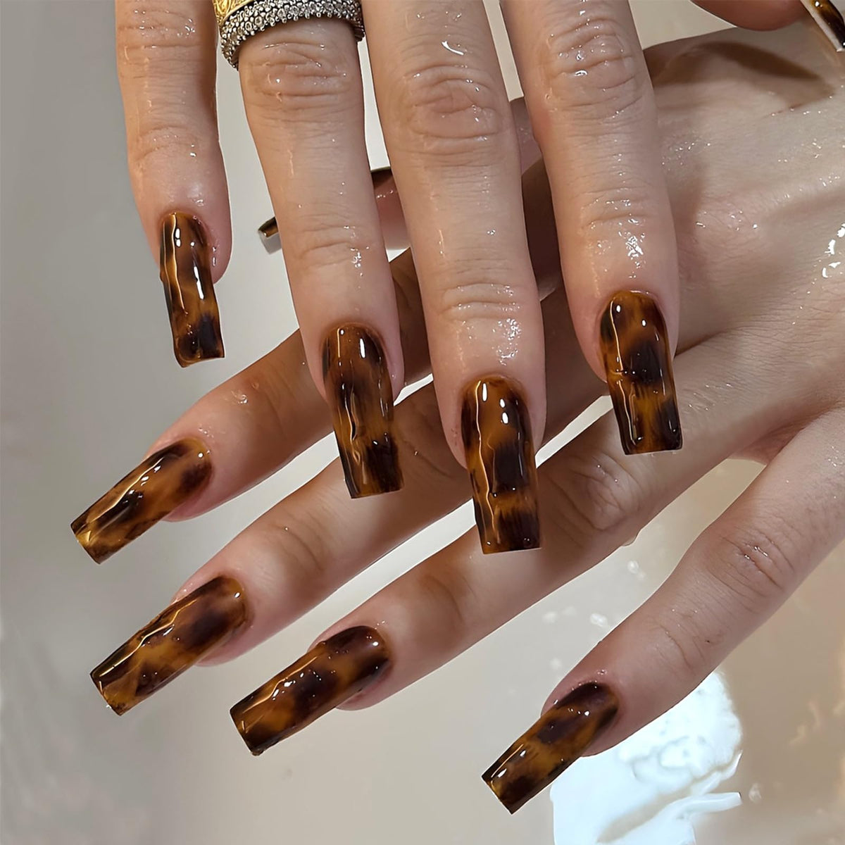 Leopard Press on Nails Medium Square Glossy Black Fake Nails