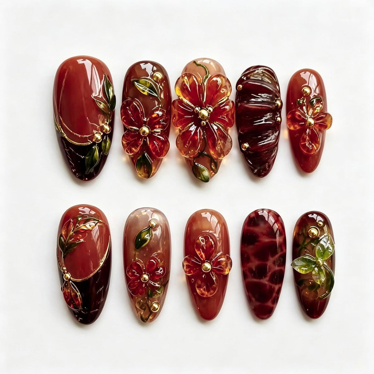 Long Press on Nails Almond Fake Nails Purple French Artificial Nail with 3D Flowers Designs Glitter Summer and Fall Cute Stick on Nail for Women 24pcs