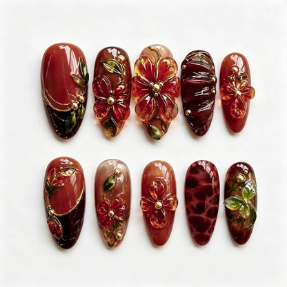 Long Press on Nails Almond Fake Nails Purple French Artificial Nail with 3D Flowers Designs Glitter Summer and Fall Cute Stick on Nail for Women 24pcs