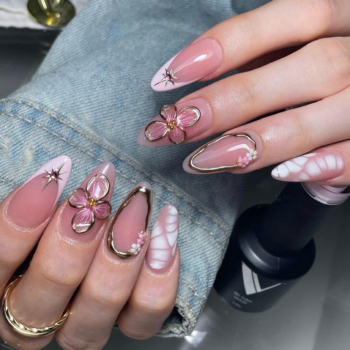 Fall Press on Nails Medium Almond French Tip, 30 Pcs Handmade 3D Flowers Gold Lines Embossed Designs, Glossy Nude Fake Nails, Reusable Glue On Nails, Full Cover Acrylic Nails for Women Brown