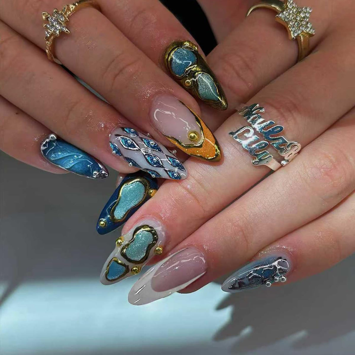 Almond Press On Nails Gold 3d Gold Glitter Ombre Design Date Night Nails For Women